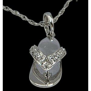 New 10K White Gold Flip Flop Pendant Necklace Diamond Accent 18" Chain Sandal